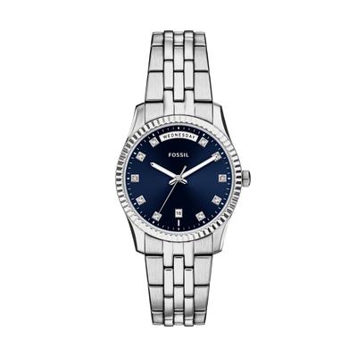 Quarzuhr FOSSIL "Scarlette", silber (edelstahlfarben, blau), Armbanduhren, Damen, Quarzuhr, Armbanduhr, Damenuhr, Edelstahlarmband, analog, Tag, Wochentag