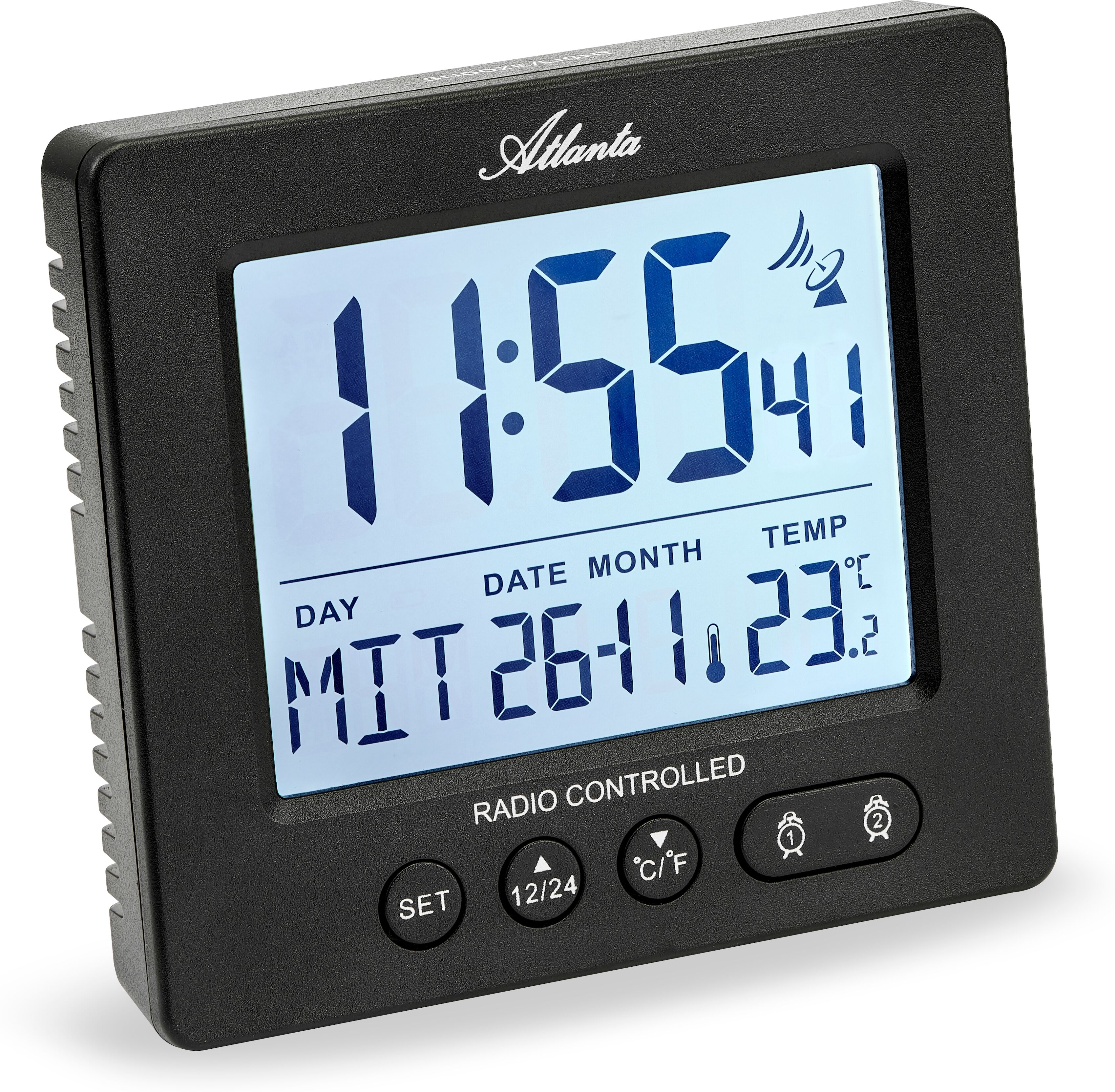 Funkwecker ATLANTA, schwarz, Wecker, Funkwecker, Digitalwecker,Beleuchtung,Weckwiederholung,Geschenk,Innentemperatur