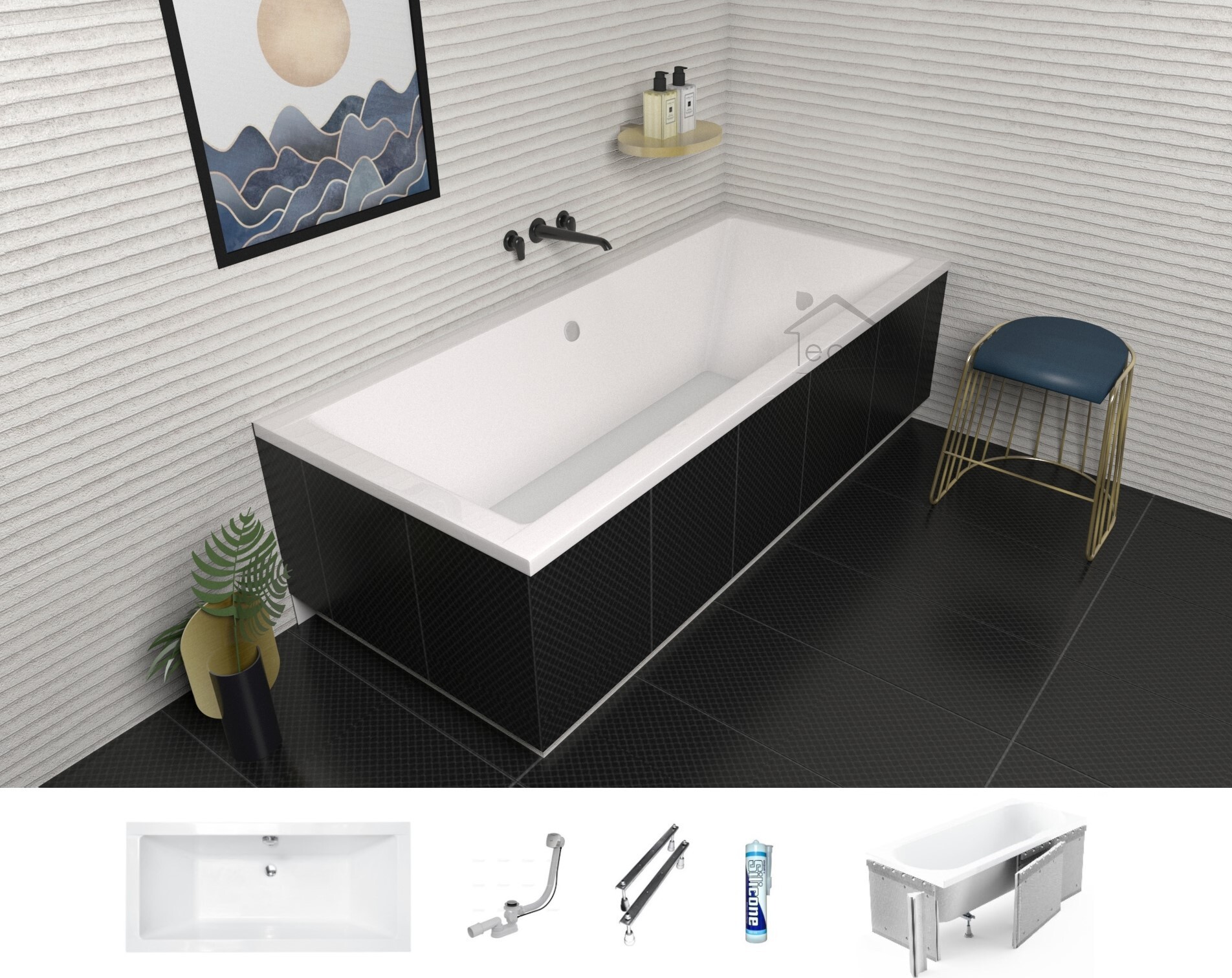 ECOLAM Badewanne Wanne Rechteck Besco-Q Design Acryl weiß 170x75 cm + Styroporverkleidung zum Verfliesen + Ablaufgarnitur Ab- und Überlauf Automatik Füße Silikon
