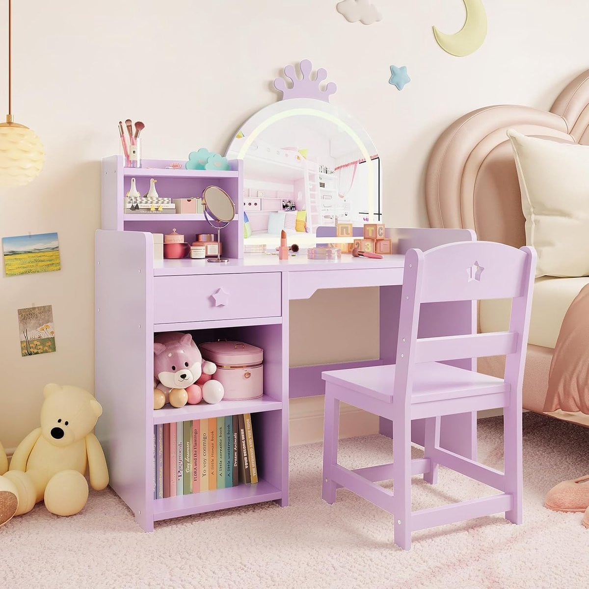 Kinderkaptafel met verlichte spiegel en stoel set - 2-in-1 bureau voor meisjes met opbergplanken - Paars