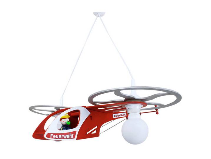 Kinderhängeleuchte Heli Feuerwehr Fred, Rot, Silberfarben, Holz, 15x40x60 cm, Made in Germany, Lampen & Leuchten, Innenbeleuchtung, Kinderzimmerlampen, Kinderhängeleuchten