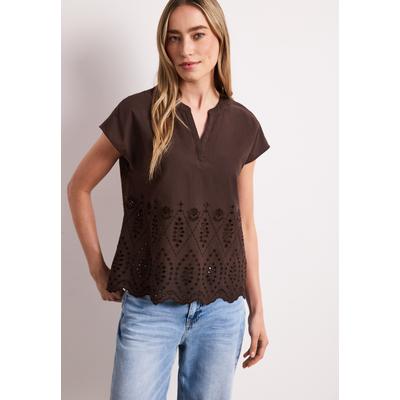 Kurzarmbluse STREET ONE, Damen, Gr. 34, braun (espresso braun), Web, 100% Baumwolle, unifarben, klassisch normal, Rundhals, normaler Saum, Blusen, aus reiner Baumwolle