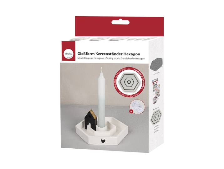 Silikon Giessform Kerzenständer Hexagon, 16x14x2,5cm, inkl. 3x5 Schablonen