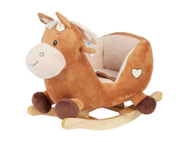 Schaukeltier Pferd Calimero, Braun, Naturfarben, Holz, 61x33x48 cm, unisex, Fußstützen, Haltegriffe, gepolsterte Sitzfläche, Gurtsystem, Spielzeug, Schaukeltiere