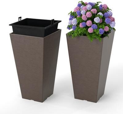 Costway Set of 2 Square Taper Planter with Removable Inner Bucket and Optional Drainage Hole-M
