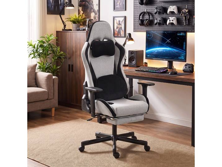 HOMCOM Chaise Gaming Ergonomique Massage Chauffant Tissu Gris