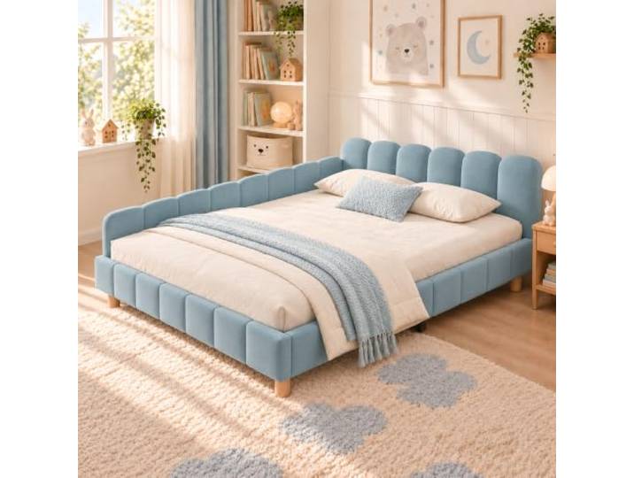 Guishanlihua Polsterbett, Kinderbett 140 x 200cm, Bett mit und gepolstertes Kopfteil und Rausfallschutz, Bettbeine aus Massivholz, Samt, blau