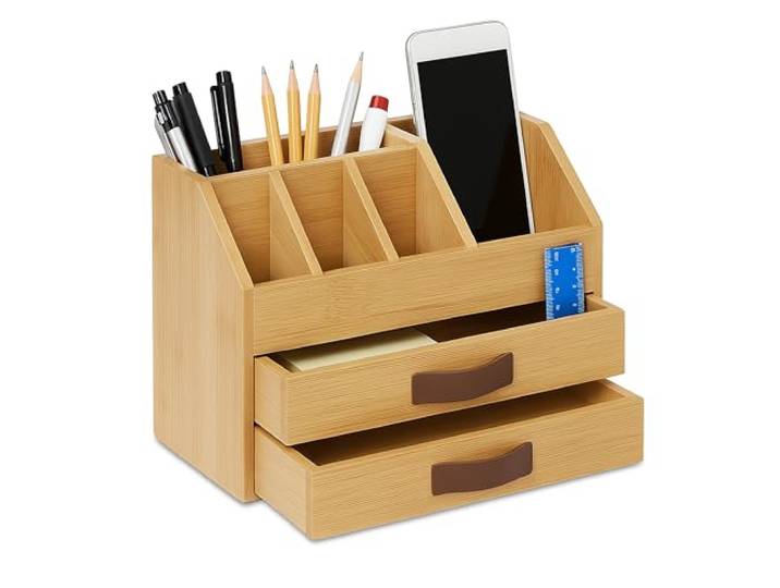 Relaxdays Organiseur de bureau\, tiroirs & compartiments\, HxlxP 19x24x14 cm\, bambou/MDF\, naturel/marron