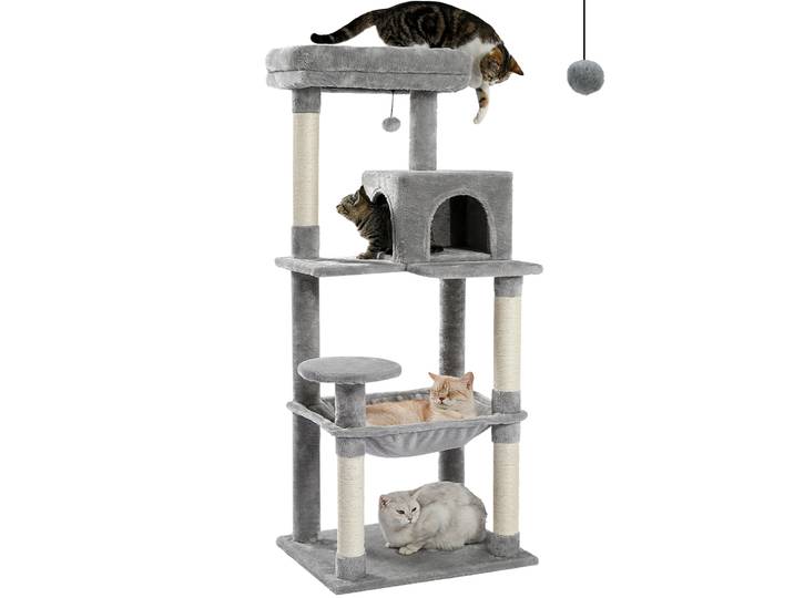 Arbre à chat pour chats d'intérieur, tour à chat à 5 niveaux pour grands chats avec grand hamac, poteaux à gratter couverts en Sisal, perche supérieure confortable pour Condo