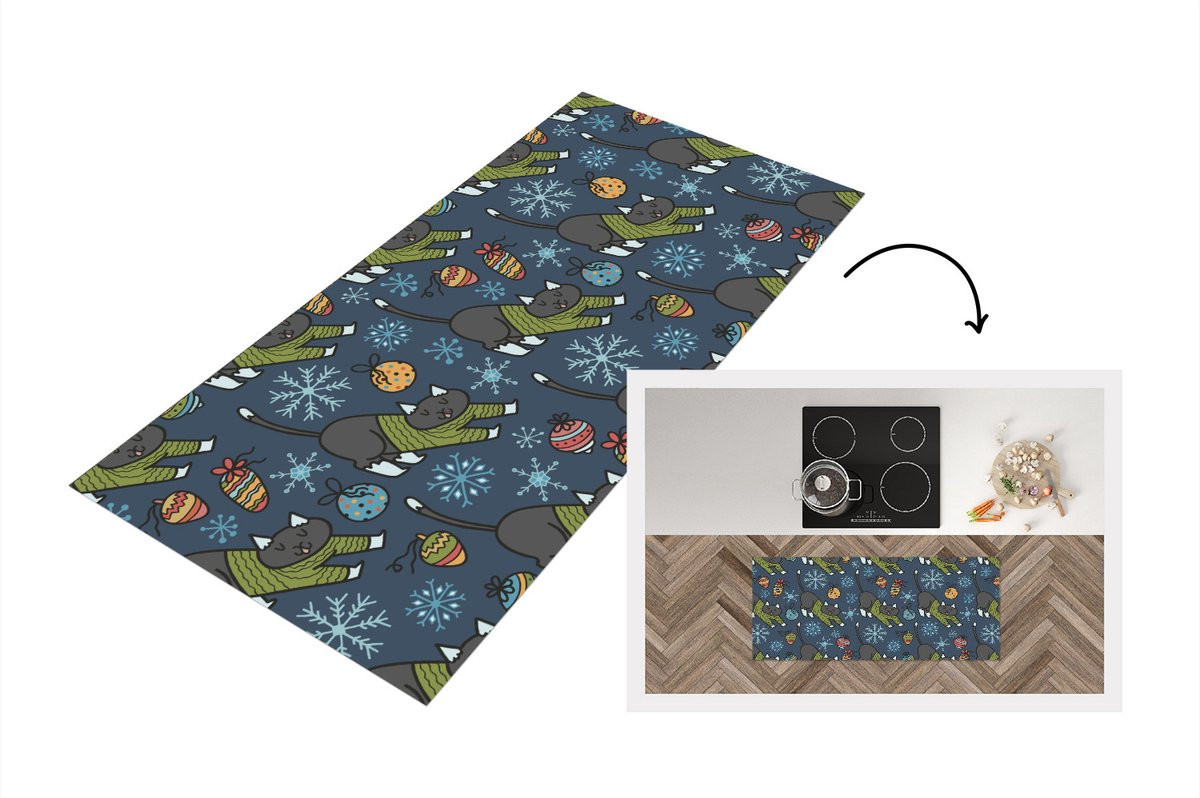 Keukenloper met kerstthema, katten en sneeuwvlokken, vinyl, 120 x 50 cm