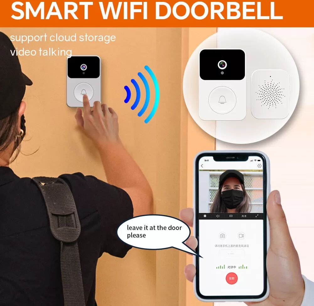 INF Sonnette vidéo WiFi intelligente X9 blanche avec vision nocturne