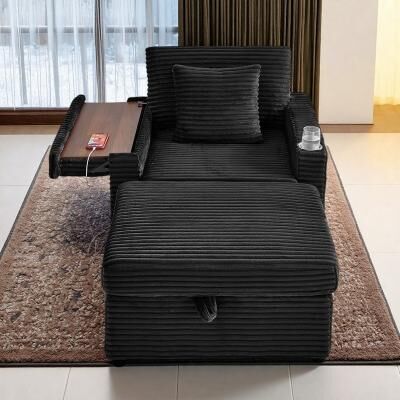 "56.5"" Corduroy Single-Seater Lazy Sofa with Ottoman, Storage Space, and Table Board"
