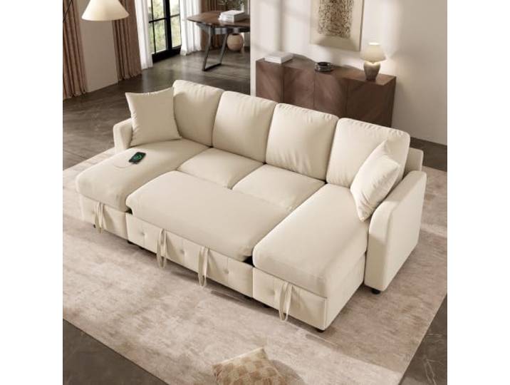 BTM U Form Schlafsofa 4-Sitzer mit Stauraum Chaiselongues Beige Chenille, Ausziehbares Schlafsofa