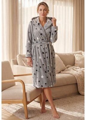 Plus Size Women's Dreams & Co® Plush Hooded Wrap Robe by Dreams & Co. in Pearl Grey Stars (Size 3X)