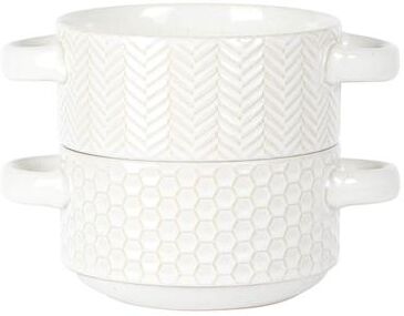 Gibson Set of 2, 6 Inch Ribbed Stoneware Soup Bowl Set with Handles in White