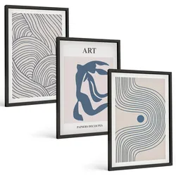 BILDER SET 3er Set - 40x60 cm Schwarzer Rahmen - Abstrakte blaue Linien