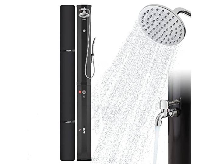 Arebos Zonnedouche 60 L - Tuindouche met Handdouche & Thermometer - Buitendouche - Watertemperatuur tot 60°C - Buitendouche zonne-energie - Ronde Douchekop - Snap-In Technologie - Zwart