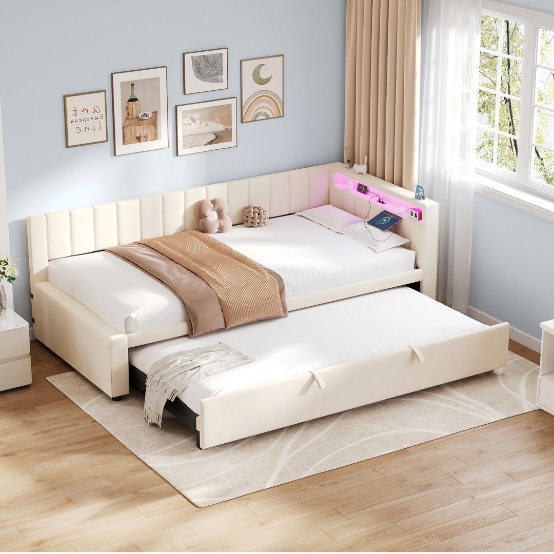 Metro Upholstered Velvet Daybed Beige 74cm H X 90cm W X 209cm L