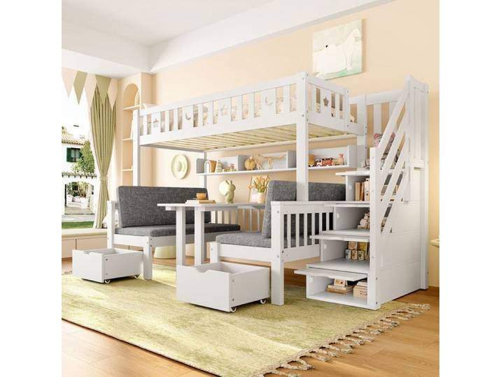 Lit mezzanine multifonction lit enfant 90x200 cm lit et bureau deux en un chelle de rangement barrire toile et mu LIT MEZZANINE