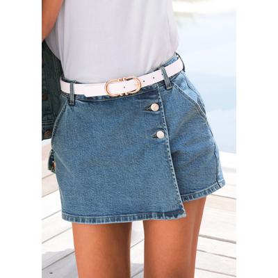 Hosenrock BUFFALO "aus bequemen Denim", Damen, Gr. 42, blau (blau washed), Denim/Jeans, Obermaterial: 98% Baumwolle, 2% Elasthan, unifarben, figurbetont kurz, Röcke, Jeansshorts im Hosenrock-Stil, modisch, Sommerhose