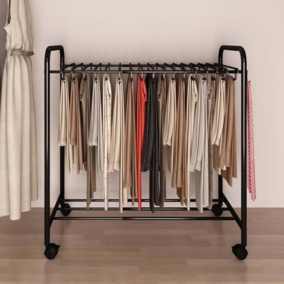 Stoffen rol opbergrek Zwart - Uitbreidbare kledinghanger trolley voor 24-30 hangers