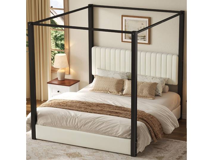 STILVORA Polsterbett 180x200 cm mit Himmelbettgestell und gepolstertem Kopfteil, Doppelbett mit Metallrahmen, Schlafzimmerbett Beige und Schwarz