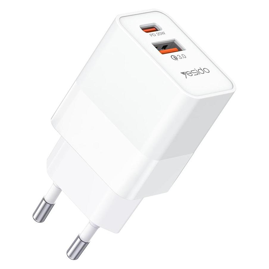Yesido - Wall Charger (YC32) - USB-A, QC 3.0, Type-C, PD, 20W, 3A - White (20 W, 2 Ports) (47608390)