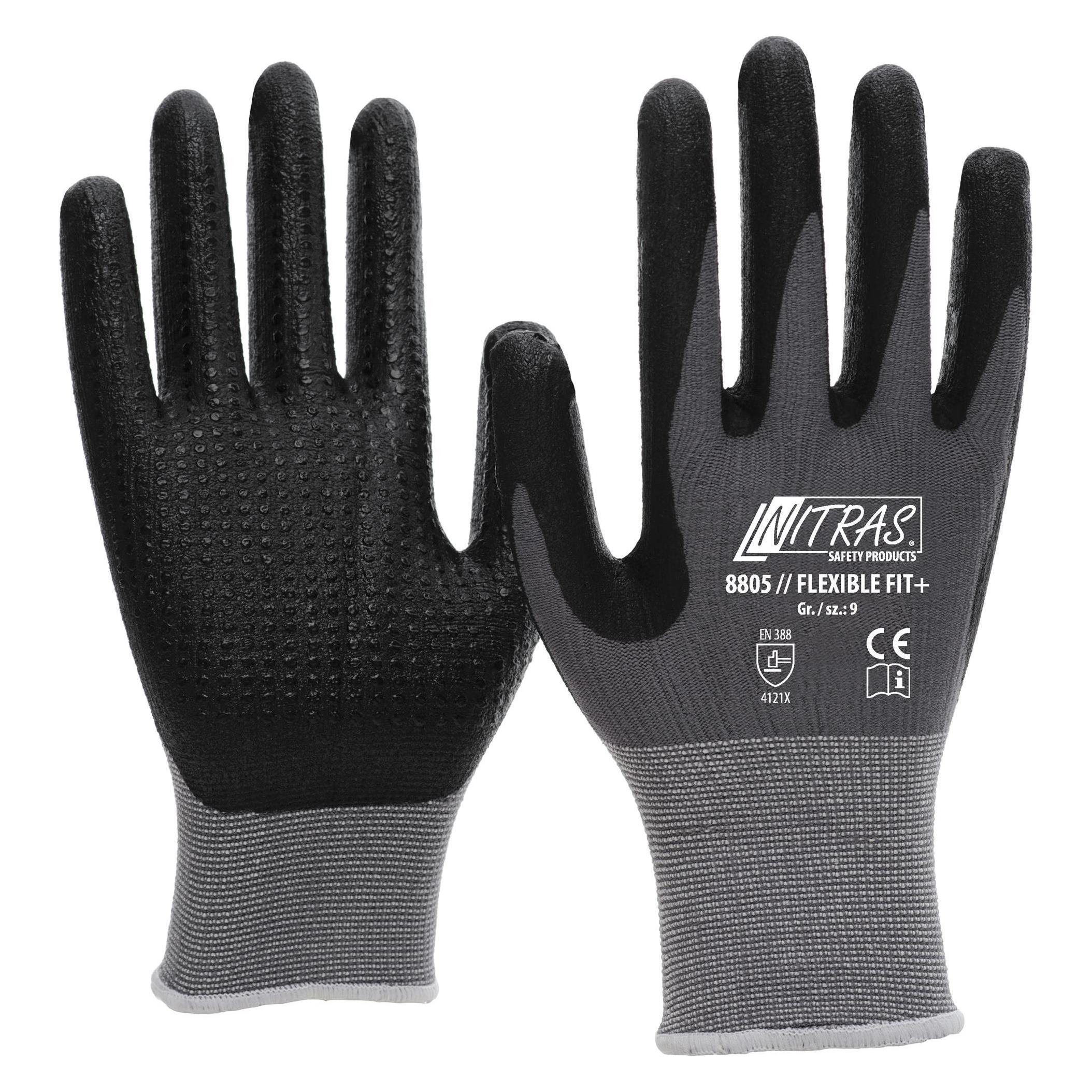 Nitras FLEXIBLE FIT, Strickhandschuhe, Spezial-Stretch-Strick, grau, Spezialbeschichtung, schwarz, t (10) (8805-10)