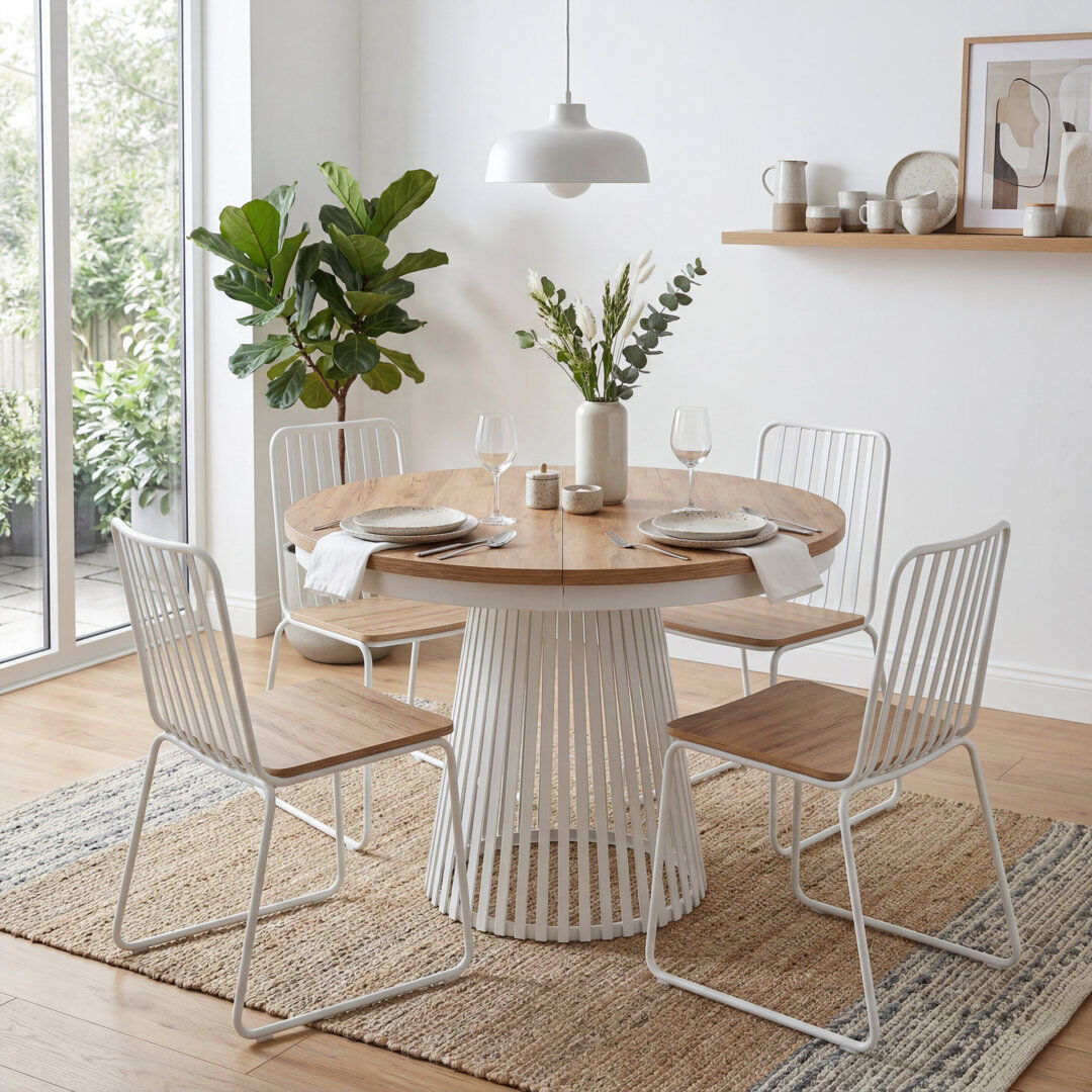 East Urban Home 180 cm Extendable Round and Oval Dining Table White/Golden Kraft