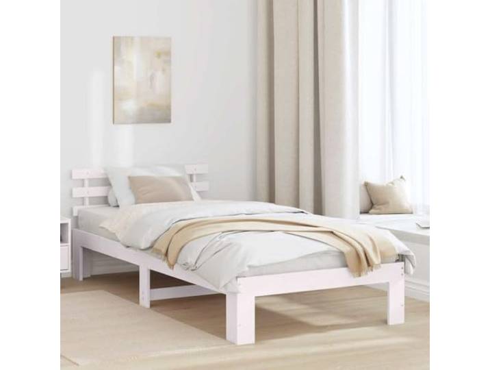 Bettrahmen mit Kopfteil Weiß 90 x 200 cm Massives Kiefernholz Stabile Konstruktion, 31 cm Höhe, pflegeleichte Oberfläche, modernes Design