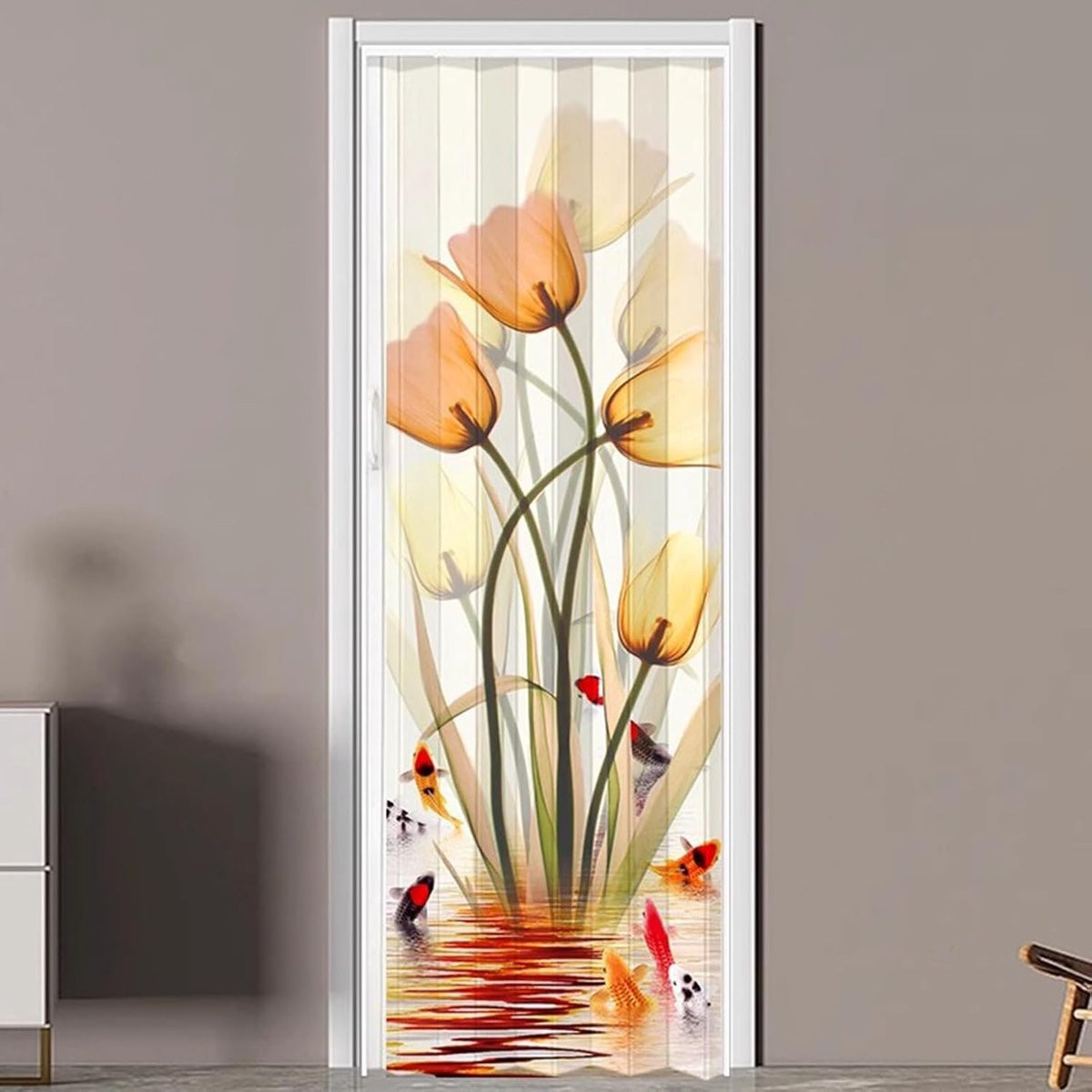 Vouwdeur Accordeon deur met bloemenprint in walnoot voor het scheiden van ruimtes