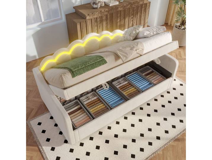 Lit coffre - Becag - Lit enfant rembourré 90x200cm avec LED - Lit simple avec rangement hydraulique Velours Beige
