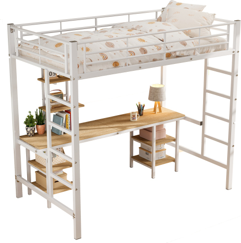 Eisenrahmenbett 90x200cm Ohne Matratze Etagenbett Mit Tisch Und Regalen Kinderbett Jugendbett Mit Seitenleiter Mit Fallschutzgitter Eisen+MDF Weiss
