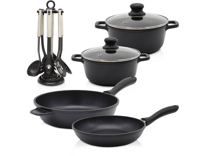 Pfannen-Set KRÜGER Aluguss Topf- und Pfannenset LEIPZIG inkl. Küchenhelfern, 13 tlg. , schwarz, Ø:28cm, Pfannen, inkl. 7-tlg. Küchenhelfer-Set