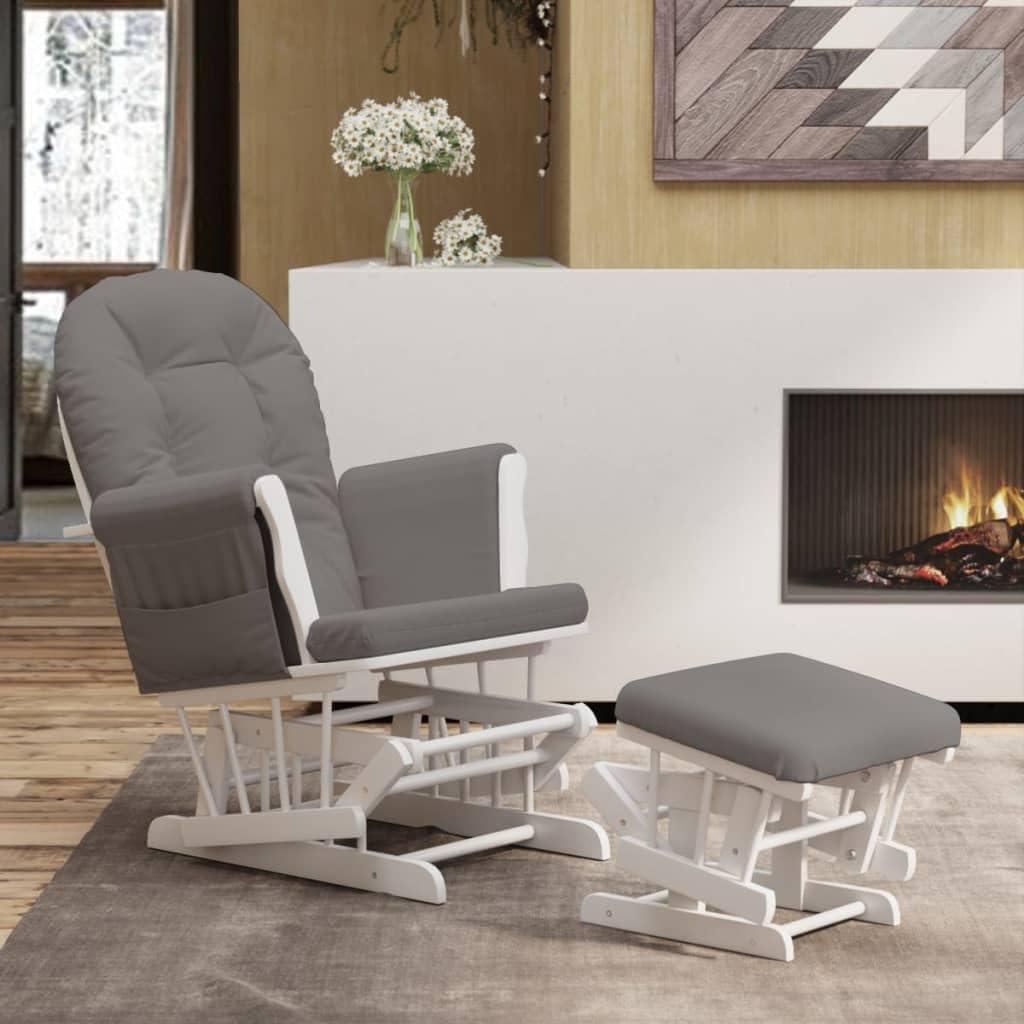Dunkelgrauer Stoff-Schaukelsessel mit Hocker zum Entspannen und Stillen, bequemer Loungesessel mit Armlehnen und Holzfuß für Wohnzimmer und Schlafzimmer