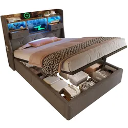 OKWISH Polsterbett mit LED-Beleuchtung 90x200 cm Retro Design mit Stauraum hydraulisch USB Ladeanschluss Massivholz Metallgestell Grau