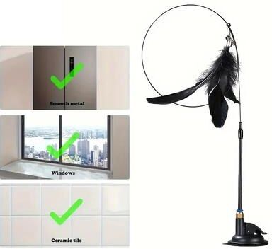 Multisell Products Hub Interactive Bell & Feather Wand Suction Cup Pole For Exciting Cat Playtime Ultimate Toy For Fun Adventures black Enhanced