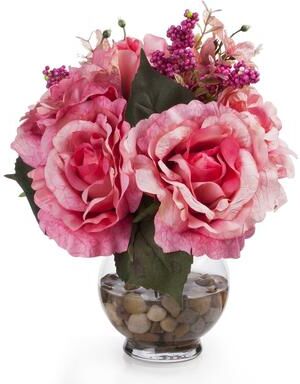 Enova Home Mixed Artificial Silk Roses Fake Flowers Arrangement in Glass Vase with Faux Water and River Stone for Home Decor