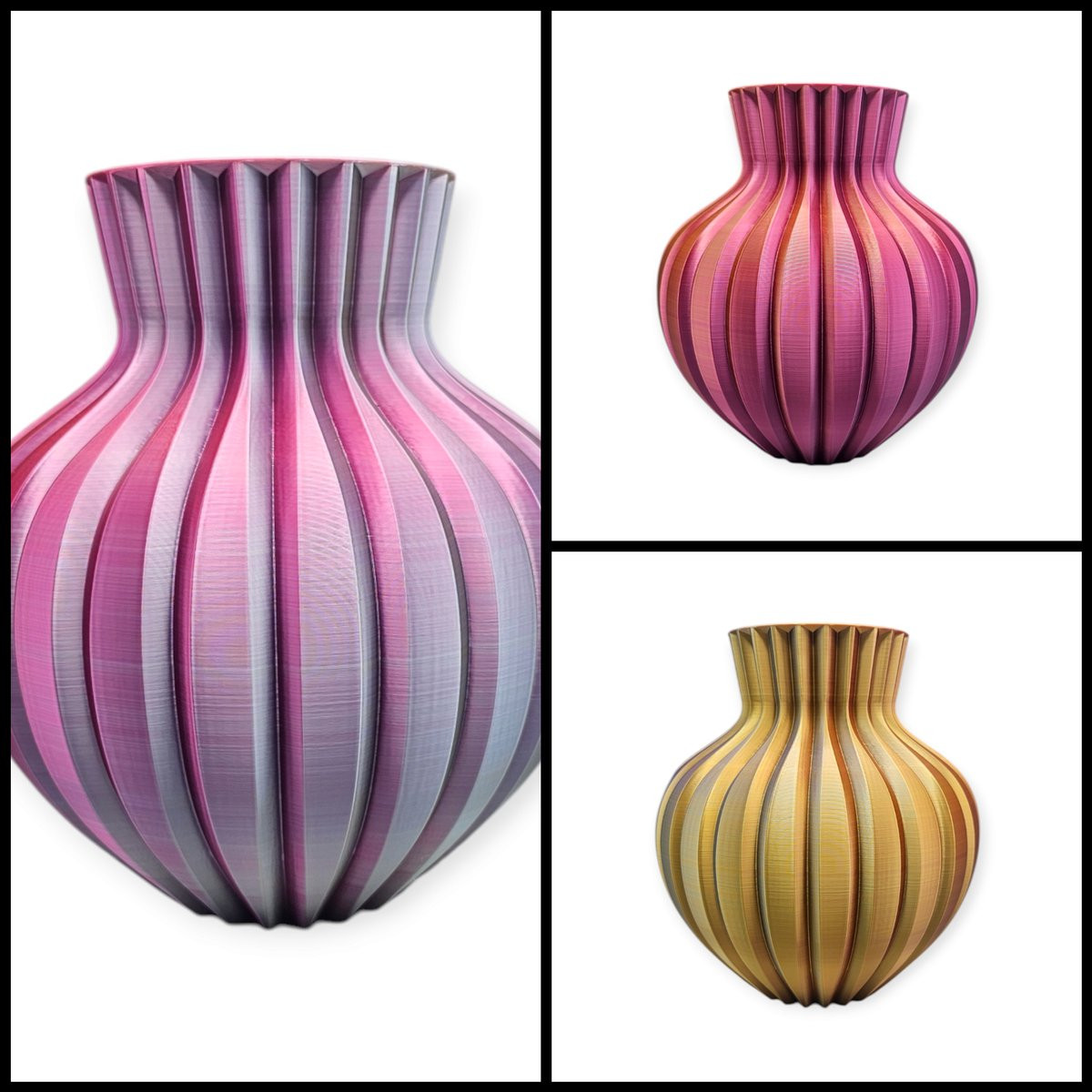 Layerzz Ribbelvaas 3D-geprint voor droogbloemen en zijdebloemen in goud zilver roze