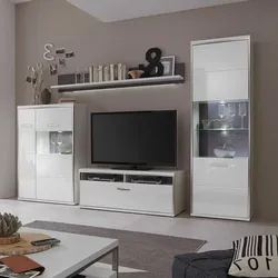 Wohnzimmer Schrankwand in Hochglanz Weiß 300 cm breit (vierteilig)