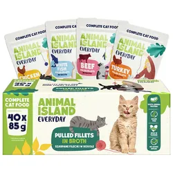 Animal Island Everyday Rind/Huhn/Pute/weißer Fisch – Filets in Brühe für Katzen, 40 × 85 g