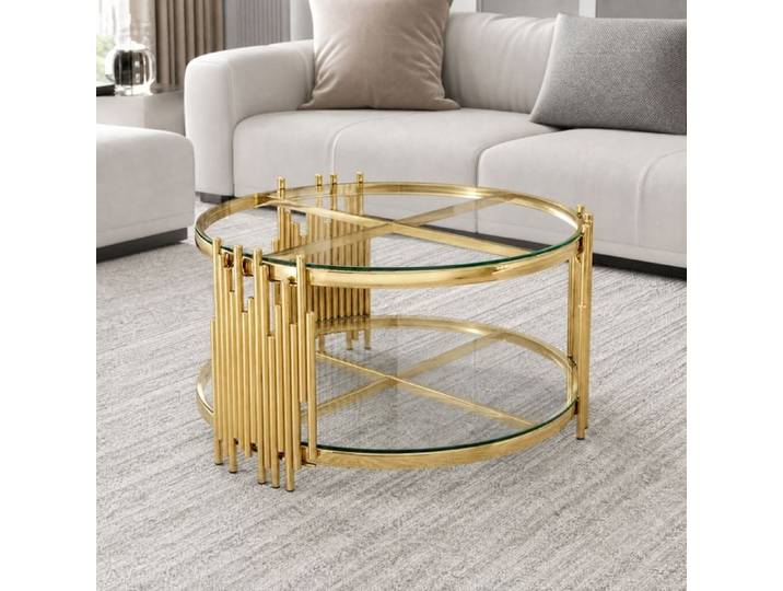Table basse ronde en or-double verre trempé table de luxe - table de salon moderne en verre-80x80x45cm-or + transparent