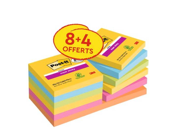 Post-it Super Sticky Notes, 1080 vellen, voordeelverpakking van 8 + 4 gratis pads, 76 mm x 76 mm, houdt sterk op vele oppervlakken - heldere kleuren - voor muren, monitoren en koelkast, recyclebaar