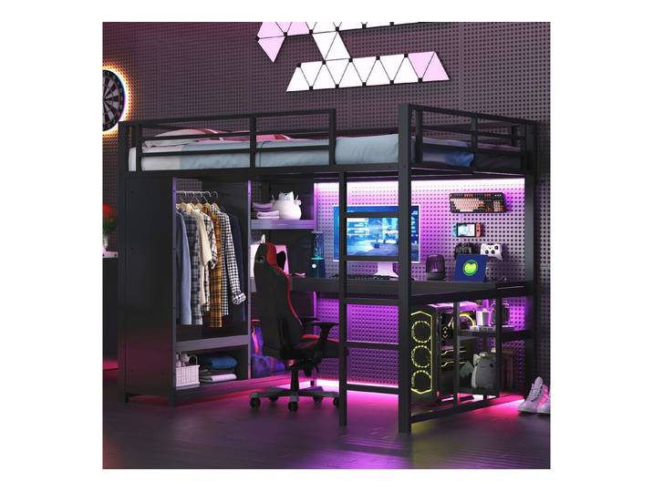 Ulife Hochbett Kinderbett Jugendbett Metall-Gaming-Hochbett mit LED-Beleuchtung (Ohne Matratze) Schreibtisch, offenem Kleiderschrank und Ablagefächern