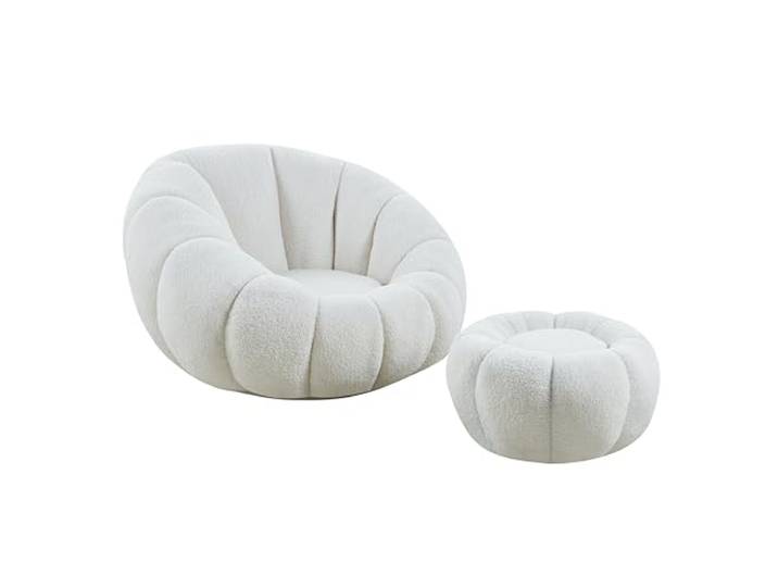 cosyou Sessel mit Hocker gemütlicher Teddystoff - runder Polstersessel für Wohnzimmer & Schlafzimmer, Relaxsessel drehbar für entspannte Abende beige, weiß, rosa - jetzt Farbe wählen (Weiß)
