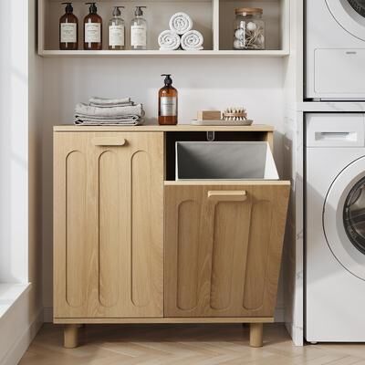 Kodotan sofa Tilt-out laundry cabinet with removable basket, concealed laundry storage, bathroom laundry storage unit, freestanding home