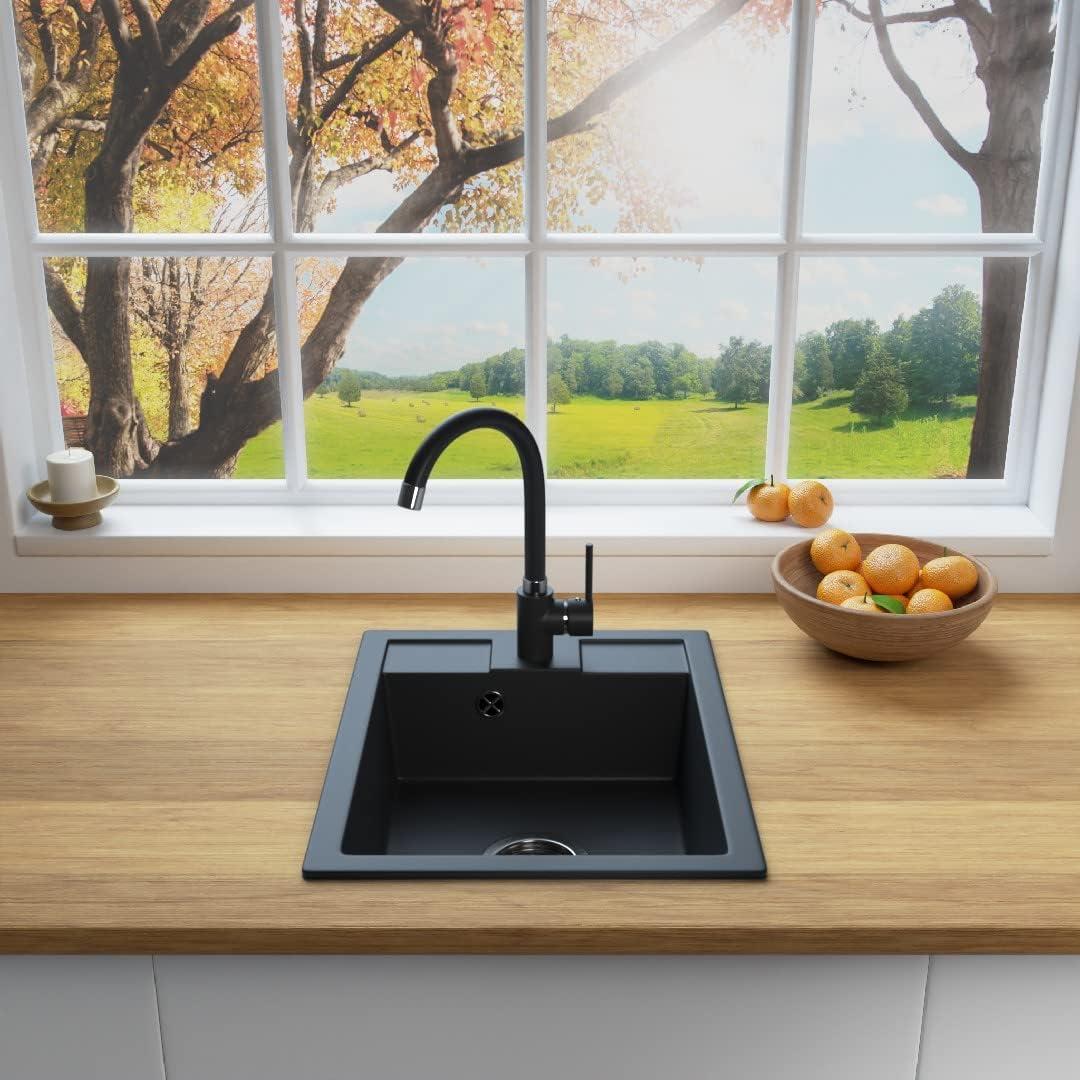 Küchen Granit-Spüle Schwarz "MON44 + Armatur 1-Galo" inkl. Siphon, Verbundstoffe Germany, Spülen Küche Küchenspüle Spülbecken Kitchen Sinks Einbauspüle, inkl. Imprägnierung