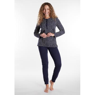 Schlafanzug GÖTZBURG "Marseille", Damen, Gr. 50 (5XL), blau (blau, dunkel, punkte), Single Jersey, Obermaterial: 100% Baumwolle, gepunktet, unifarben, bequem lang, Rundhals, Homewear-Sets Schlafanzug, Langarm, Oberteil gemustert, Rundhalsausschnitt,...