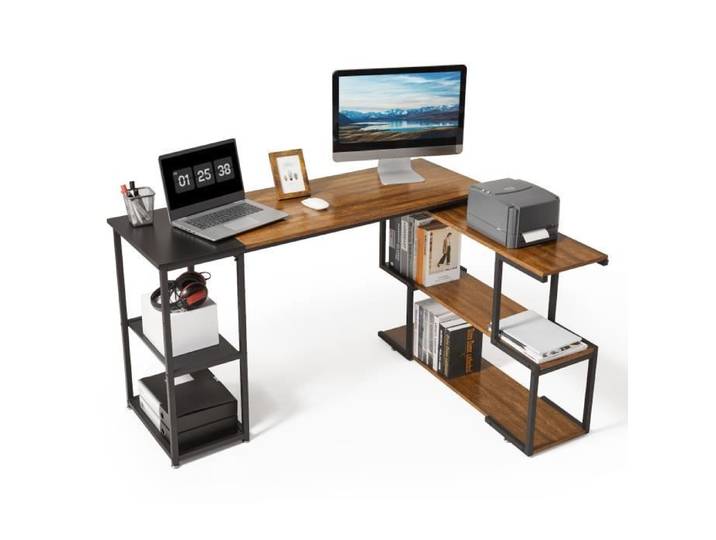 Mondeer Bureau d‘Ordinateur en Forme de L Bureau d'Angle avec Étagère - Vintage Brun et noir