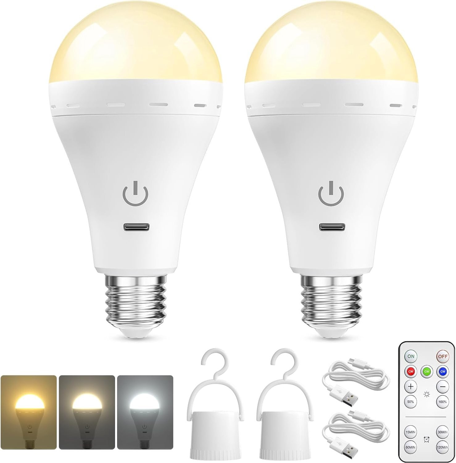 Set van 2 oplaadbare Ledlampen met E27 fitting, USB, afstandsbediening, dimbaar en 3 kleurtemperaturen met timerfunctie